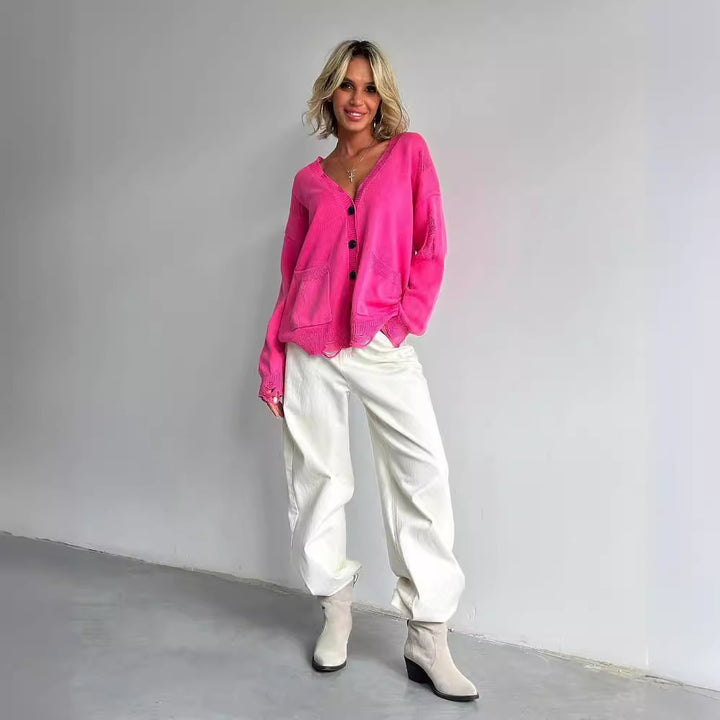 Damen lässiger Oversized-Pullover mit V-Ausschnitt und Taschen Drune