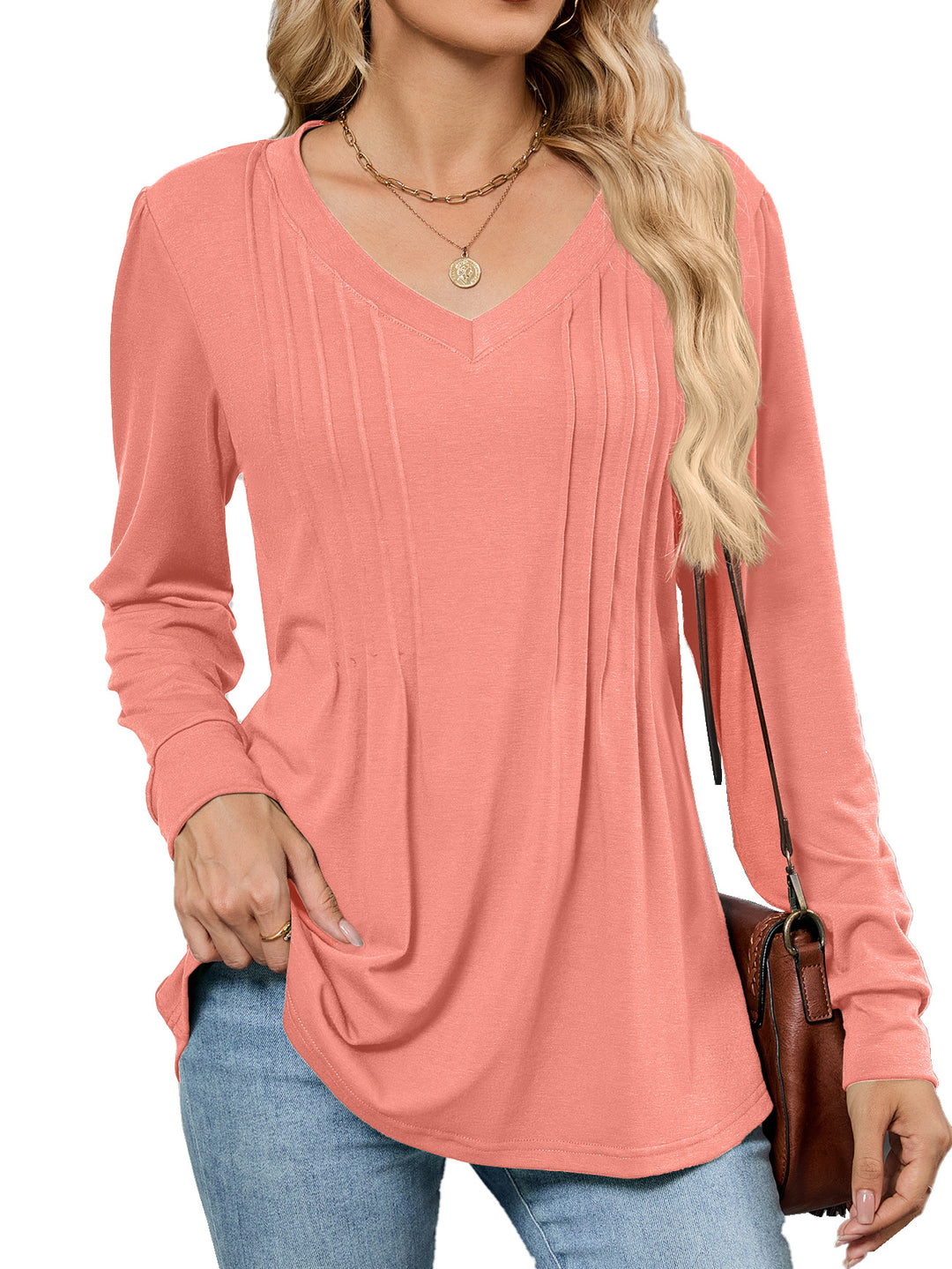 Damen Viskose Blusenshirt mit eleganten Falten und V-Ausschnitt Drune