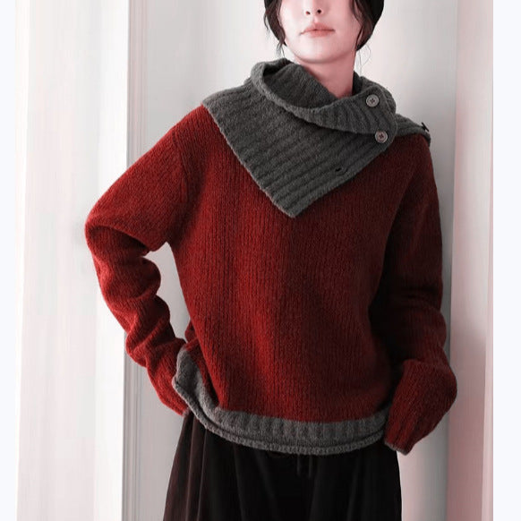 Damen grob gestrickter Pullover mit asymmetrischem Kragen und innovativer Knopfdetail Drune