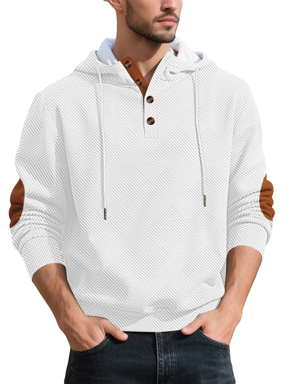 Herren nan strukturierter Kapuzen-Henley-Pullover mit Jacquardstruktur, Knopfleiste und Ellenbogenpatches Drune