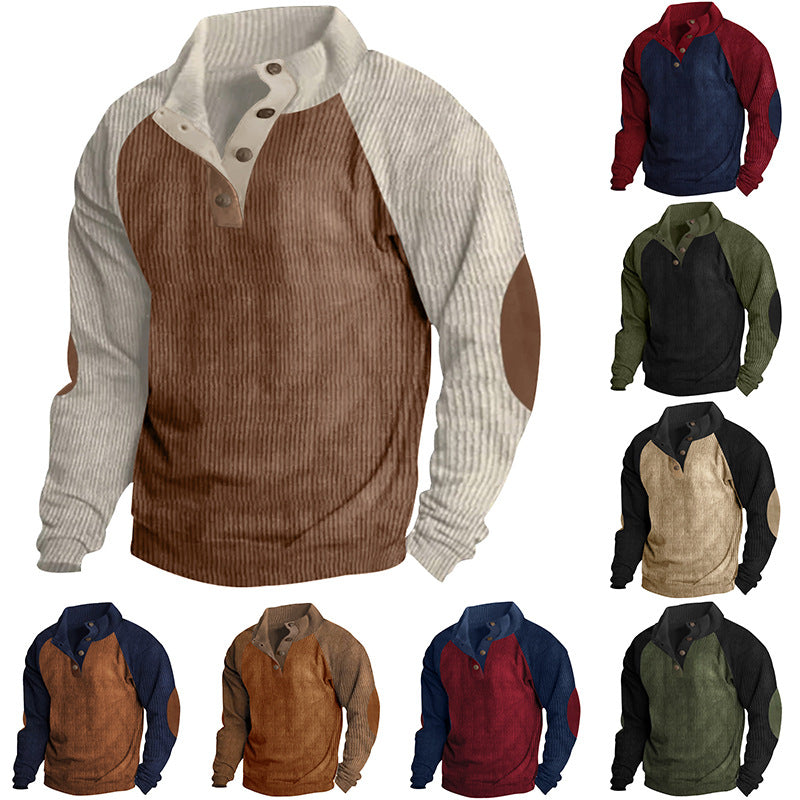 Herren nan Cordoptik-Halbknopf-Pullover mit Stehkragen, Raglanärmeln und Ellenbogenpatches Drune