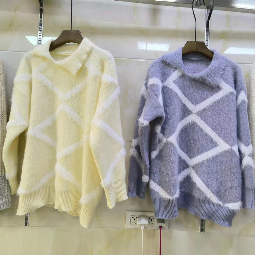 Damen Großer Strickpullover mit geometrischem Muster und hohem Kragen Drune