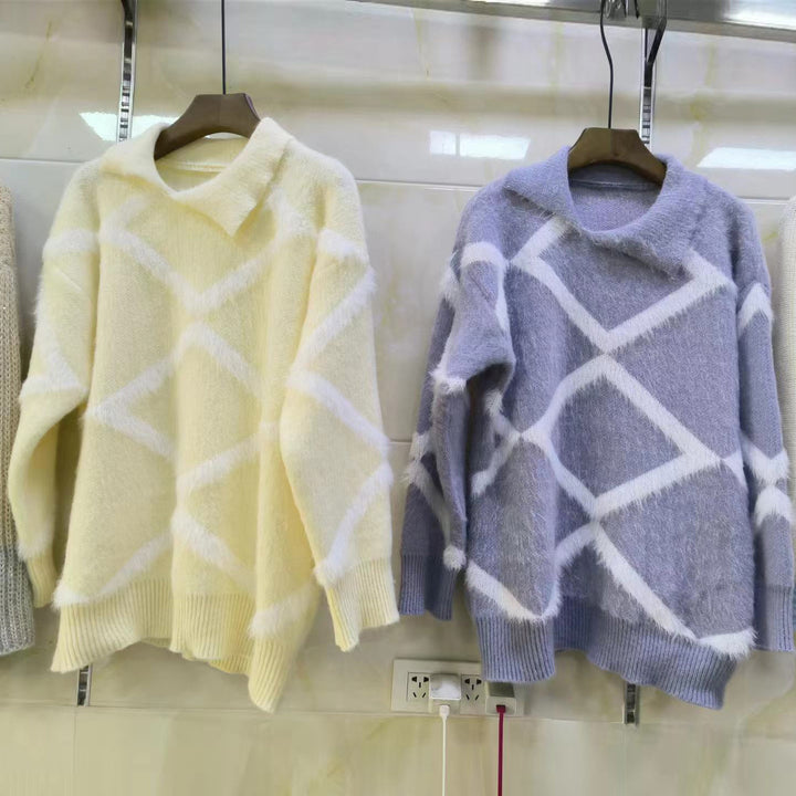 Damen Großer Strickpullover mit geometrischem Muster und hohem Kragen Drune