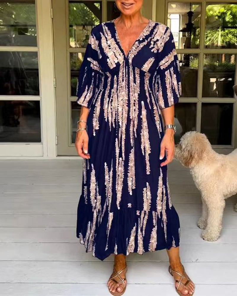 Damen nan Maxikleid mit V-Ausschnitt, vertikalem Pinselprint, geraffter Unterbrustnaht und stufigem Volantrock Drune