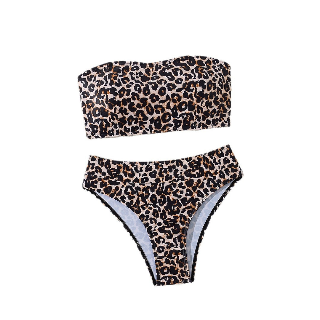 Damen Bandeau-Bikini-Set mit elegantem Leo-Muster und hoch geschnittenem Slip Drune