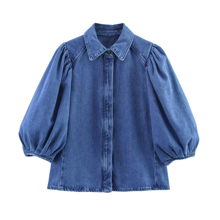 Damen luftige und strukturierte Bluse mit Balloonärmeln und weiten Jeans Drune
