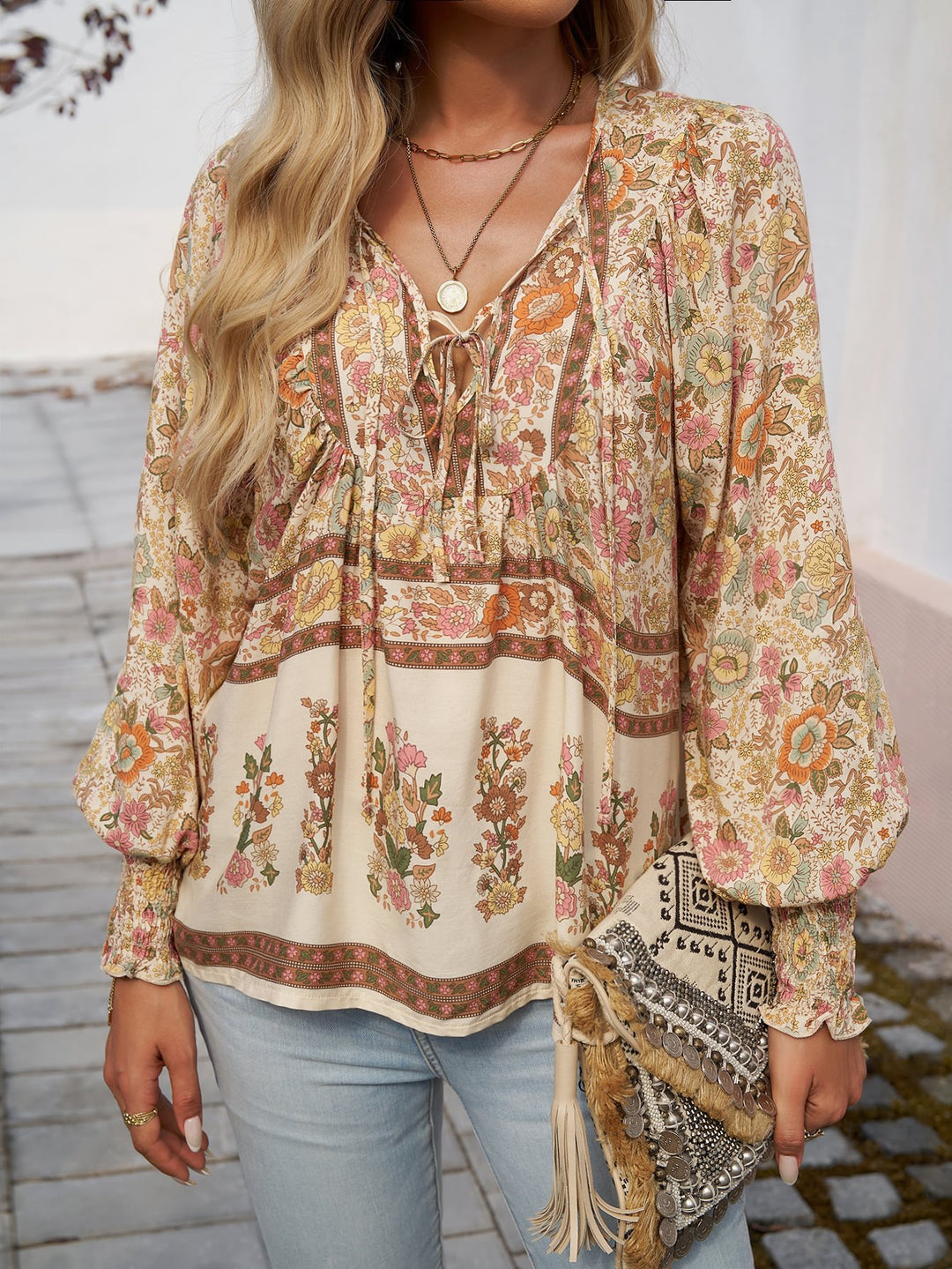 Damen luftige Bluse mit raffiniertem floralem Design und lockerem Schnitt Drune
