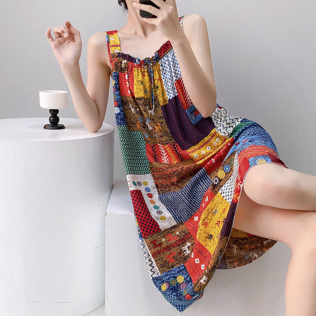 Drune | Boho Patchwork-Ärmelloses Swing-Kleid