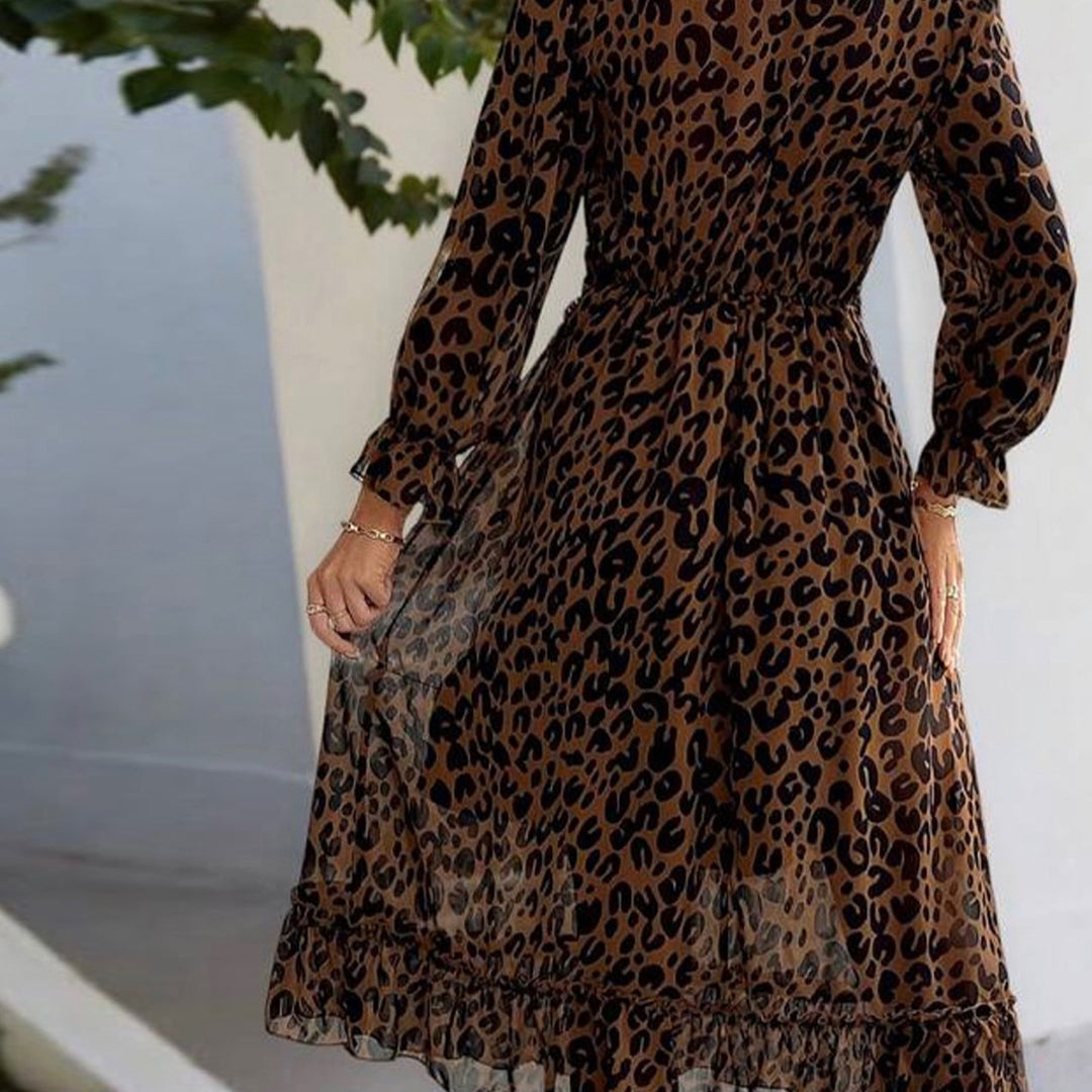 Damen Maxikleid mit elegantem Leopardenmuster und voluminösen Ärmeln Drune