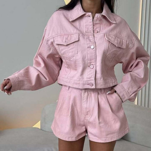 Damen Denim-Jacke mit kurzen Ärmeln und passendem Shorts Drune