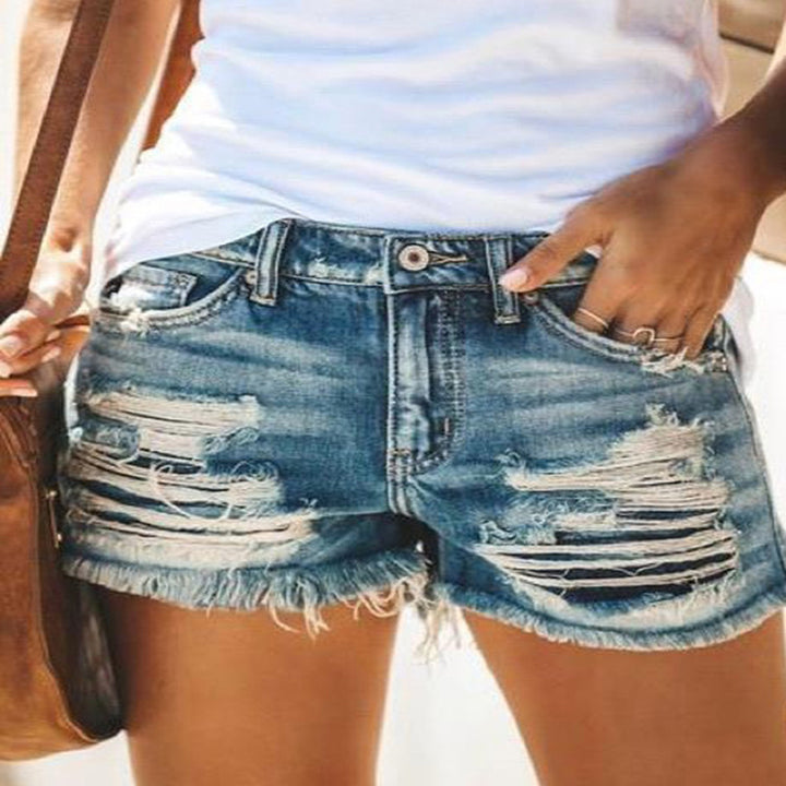 Damen trendige Destroyed Denim-Shorts mit ausgefransten Säumen und modischen Rissdetails Drune