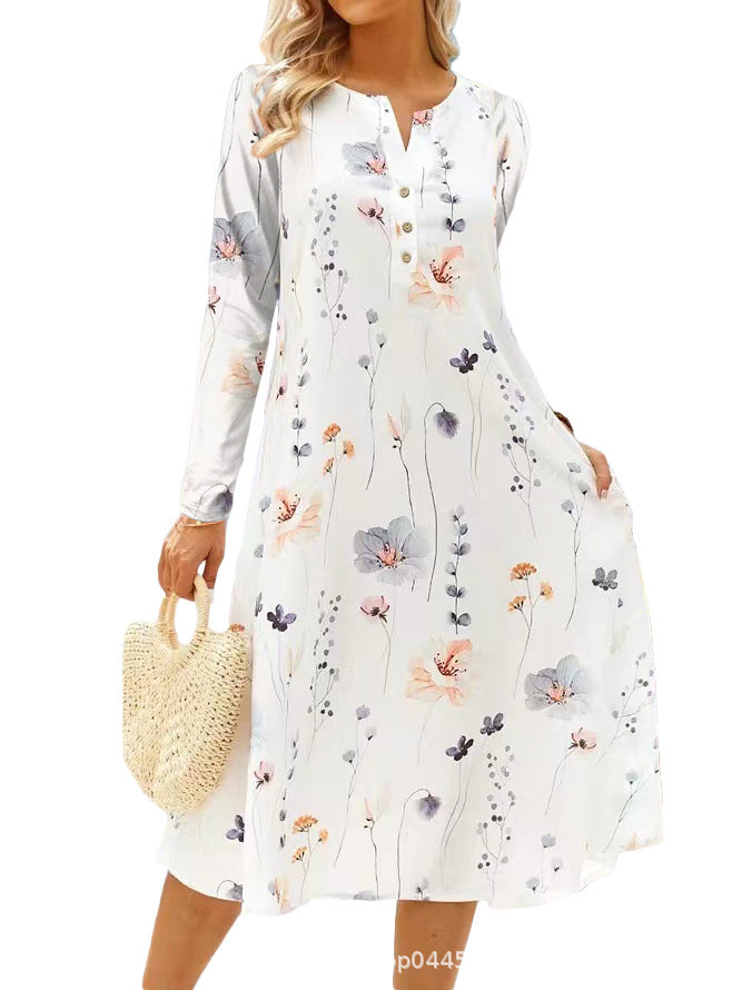 Damen Langarm Kleid mit floralem Design und durchgehender Knopfleiste Drune