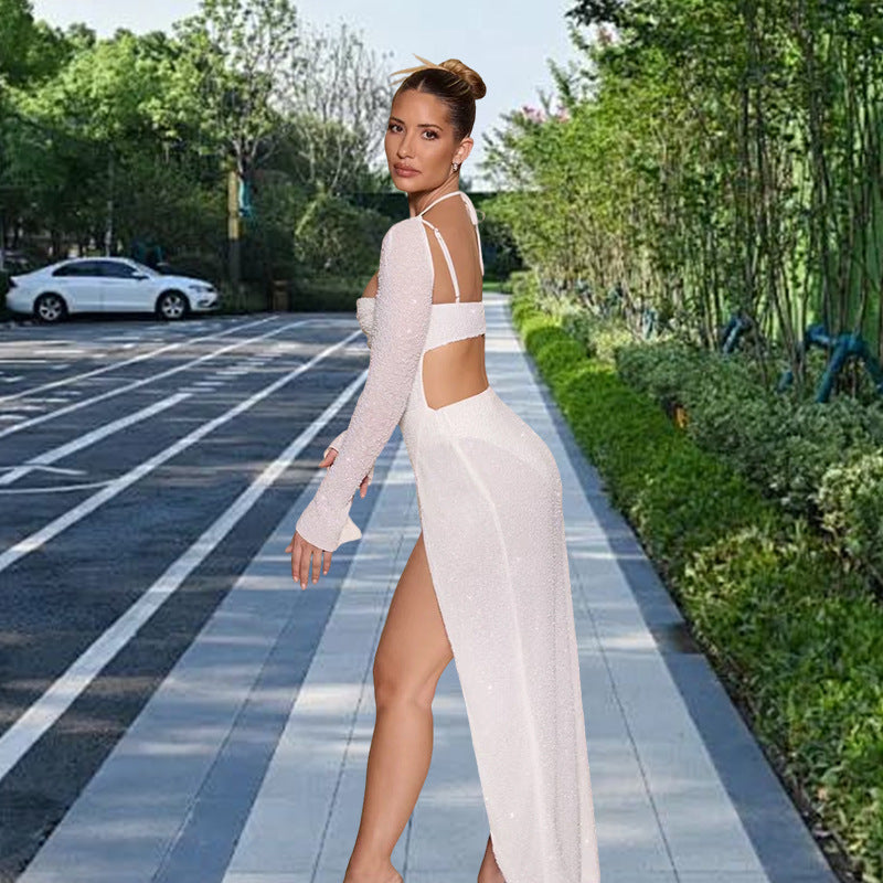 Damen Glamouröses Maxikleid mit schimmernden Details und seitlichem Schlitz Drune