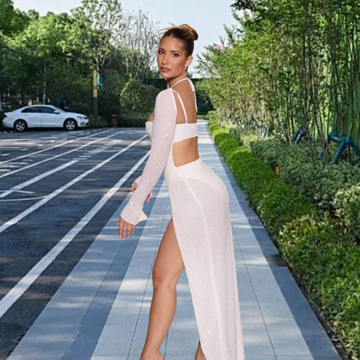 Damen Glamouröses Maxikleid mit schimmernden Details und seitlichem Schlitz Drune
