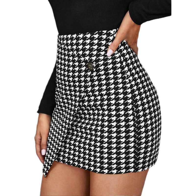 Damen Hahnentritt-Muster Minirock mit asymmetrischem Saum und Knopfdetails Drune
