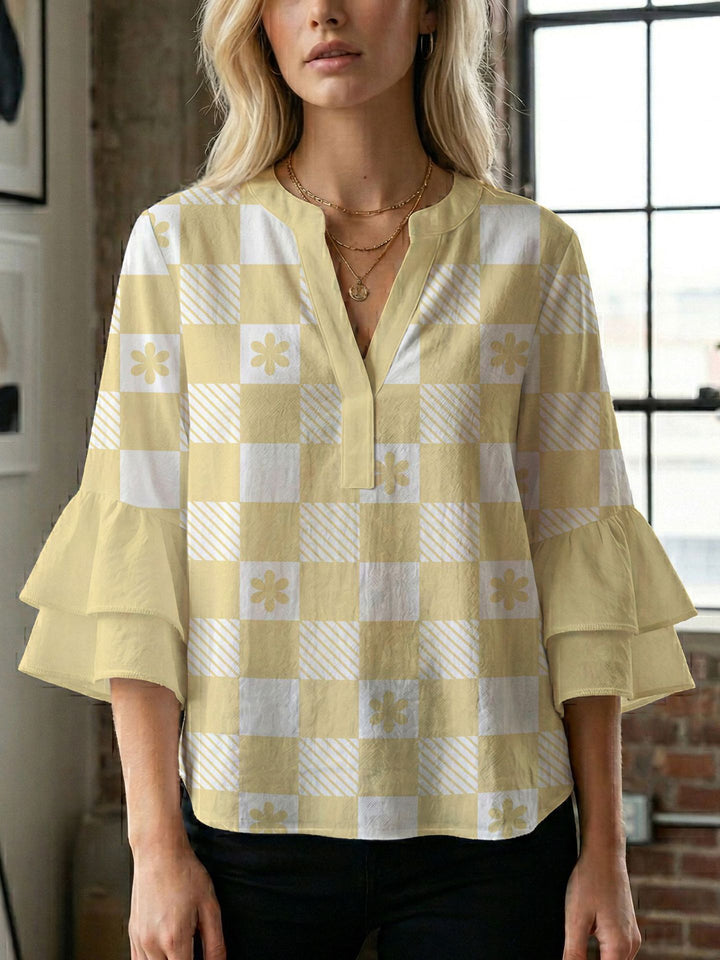 Damen Bluse mit voluminösen Flügelärmel und intensivem Blattmuster Drune