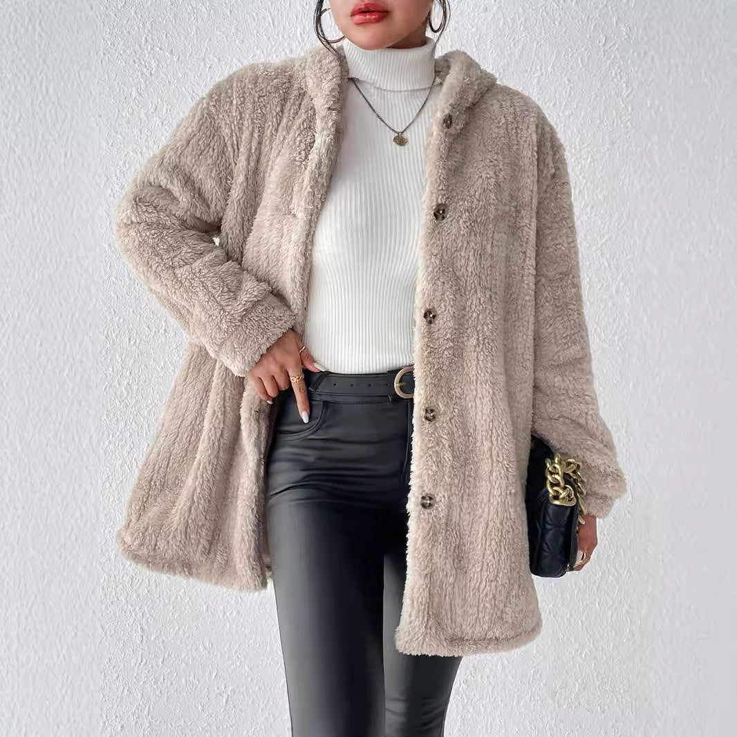 Damen flauschige Kapuzenjacke aus hochwertigem Plüsch Drune