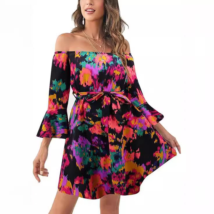 Damen Off-Shoulder Kleid mit buntem Muster Drune