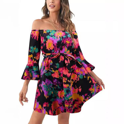 Damen Off-Shoulder Kleid mit buntem Muster Drune