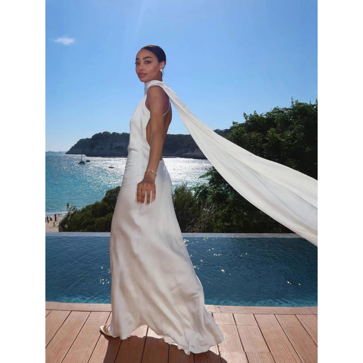Damen elegantes Maxikleid mit asymmetrischem Oberteil und fließendem Schnitt Drune