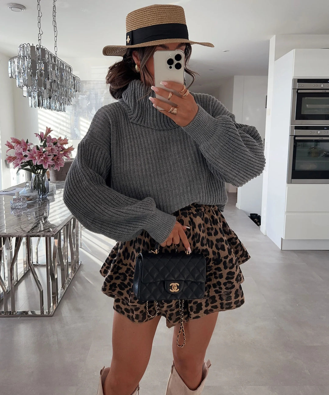 Damen Strickpullover mit hohem Kragen und voluminösen Ärmeln Drune