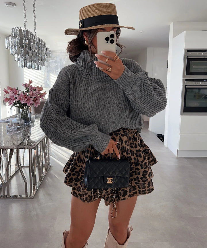Damen Strickpullover mit hohem Kragen und voluminösen Ärmeln Drune