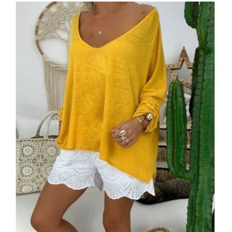 Damen lässiges Oversize-Shirt mit tiefem V-Ausschnitt und langen Ärmeln Drune