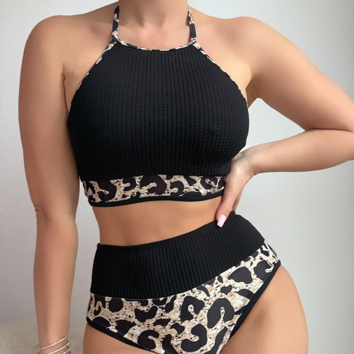 Damen Hochtailliertes Bikini-Set mit sportlichem Oberteil und animalischem Muster Drune