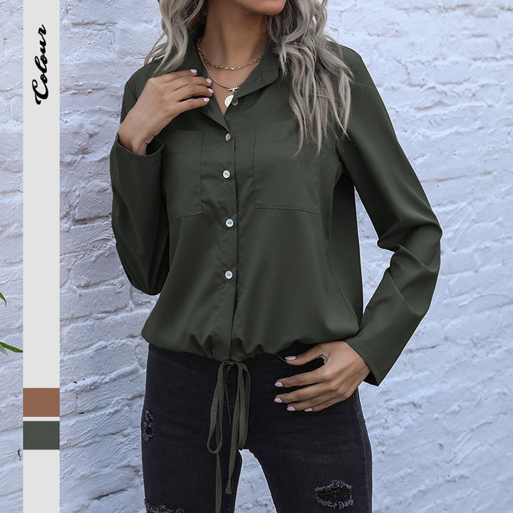 Damen Bluse mit verkürzter Vorderseite und Knopfdetaillierung Drune