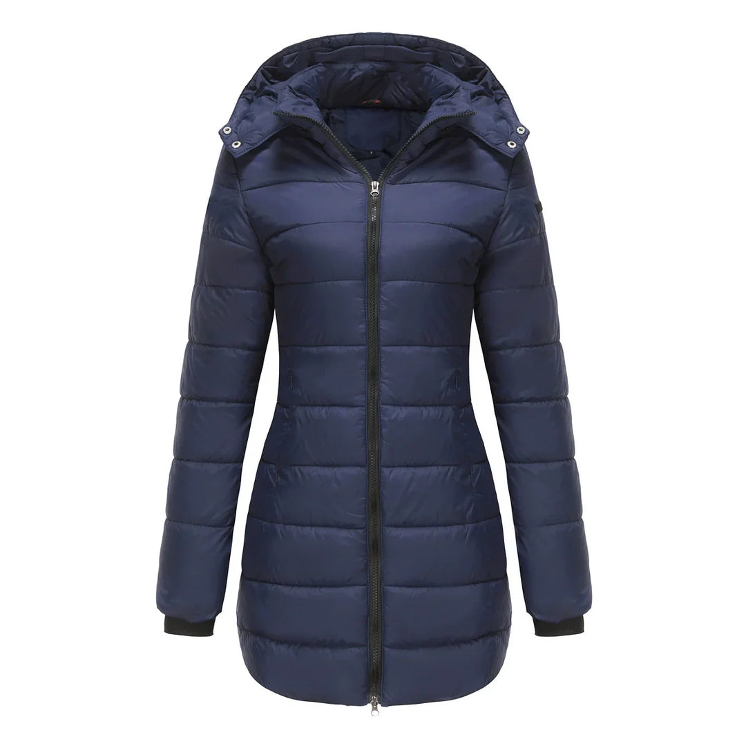 Drune | Damen Pufferjacke – Gepolstert isoliert – Abnehmbare Kapuze – Rippbündchen – Mittellange Passform