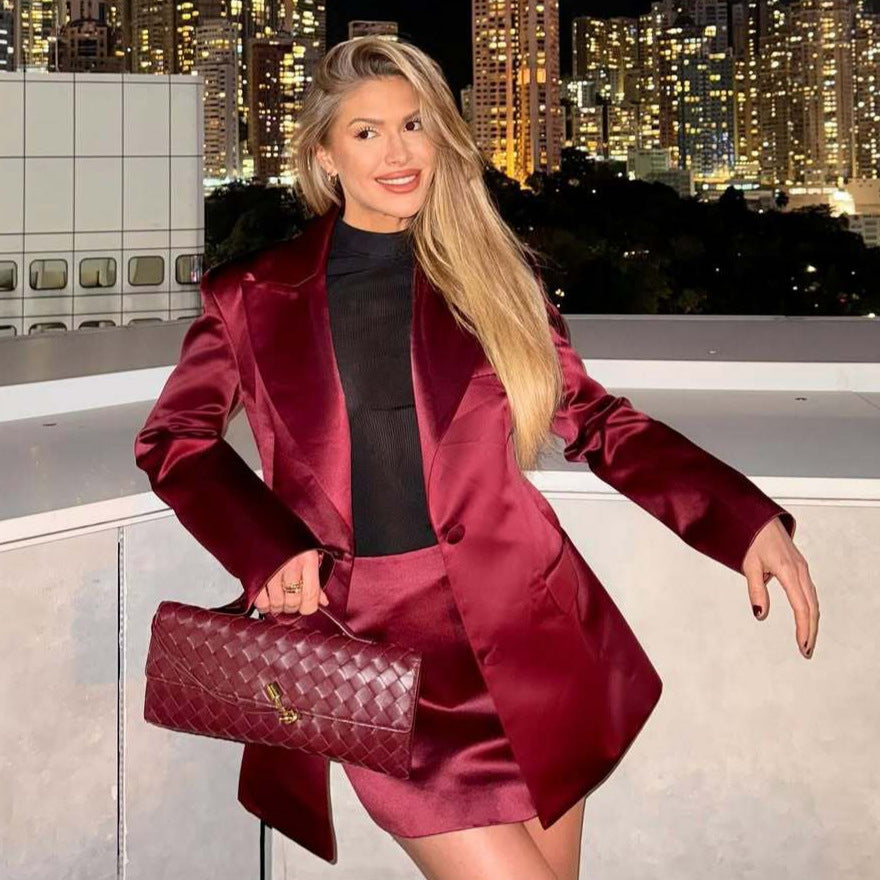 Damen eleganter Satin Blazer mit passendem Minirock Drune