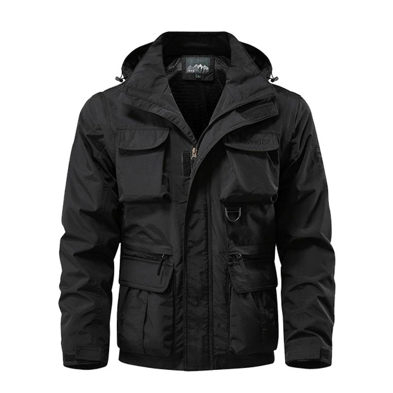 Herren nan multifunktionale Fieldjacke mit Kapuze und verstärkten Mehrfachtaschen wasserabweisendem Obermaterial und verstellbarem Saum Drune