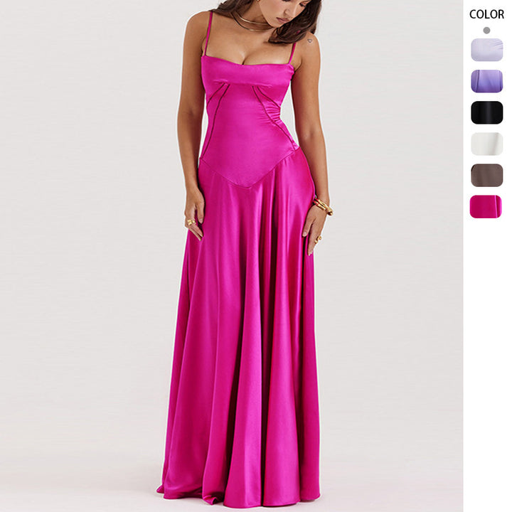 Damen Elegantes Maxikleid mit schmalen Spaghettiträgern und fließendem Satinfall Drune