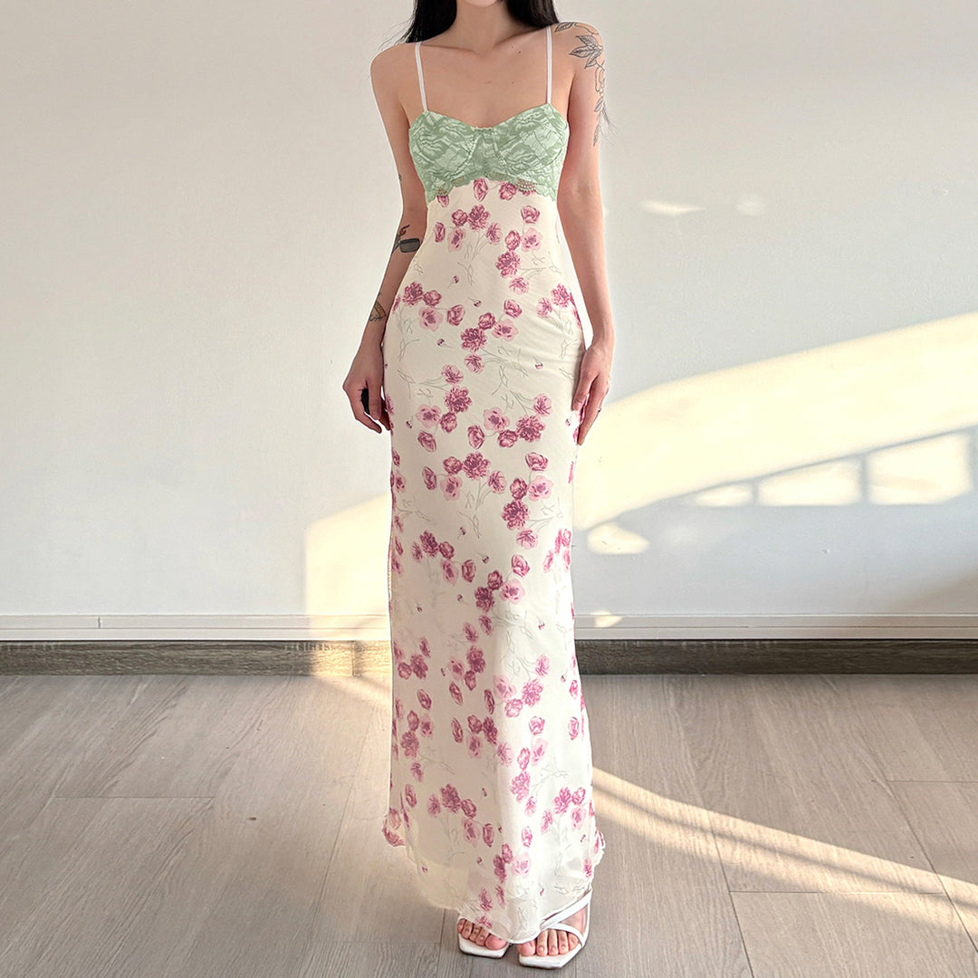 Damen Maxikleid mit floralem Spitzenoberteil und zarten Spaghettiträgern Drune