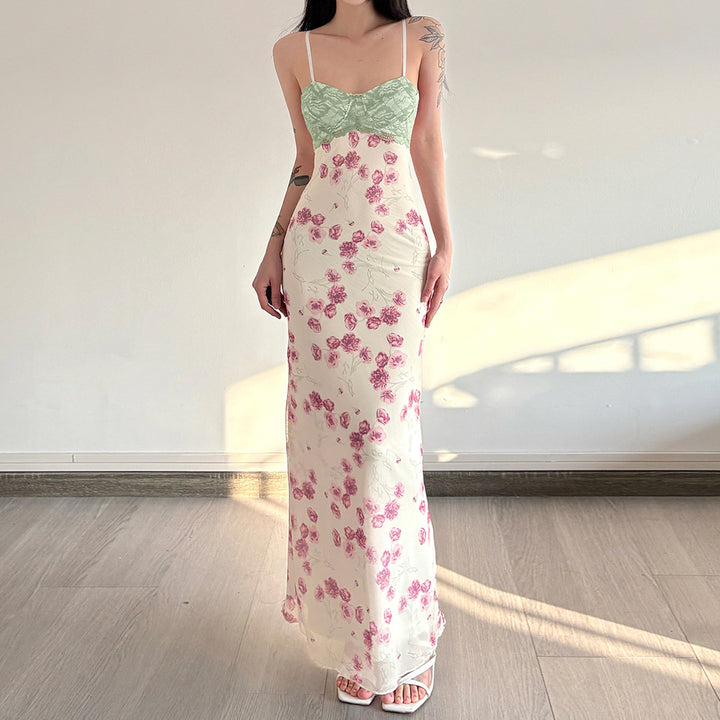Damen Maxikleid mit floralem Spitzenoberteil und zarten Spaghettiträgern Drune