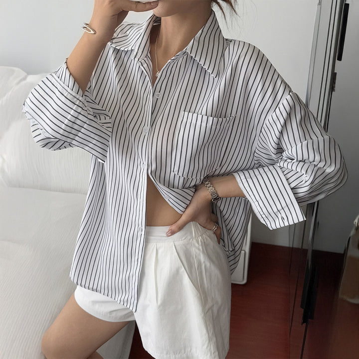 Damen nan oversized Hemdbluse mit kastigem Schnitt, Brusttasche und abgerundetem Saum Drune