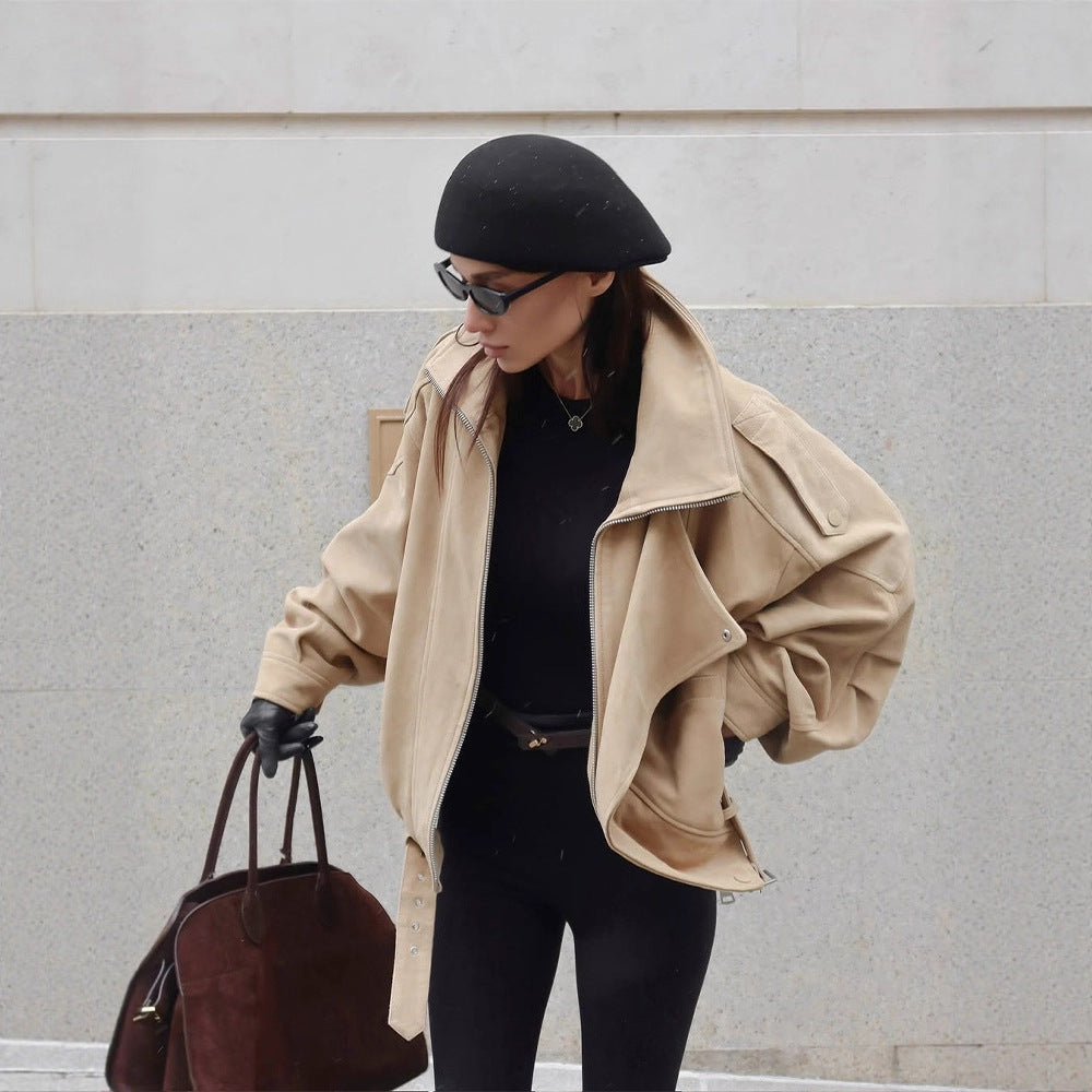 Damen Oversized Wildlederjacke mit asymmetrischem Schnitt und modischen Details Drune