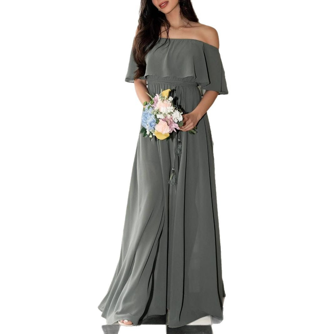 Damen elegantes Maxi-Kleid mit Off-Shoulder Design und seitlichem Schlitz Drune