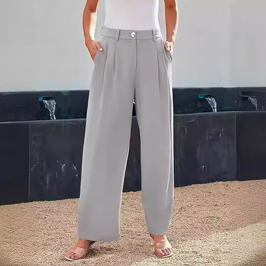 Damen weite High-Waist Stoffhose mit seitlichen Eingrifftaschen Drune