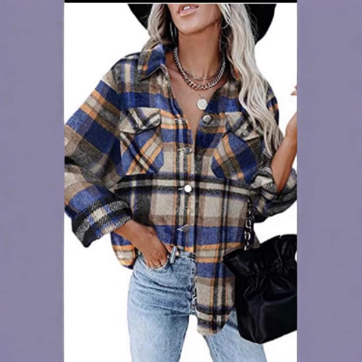Damen Karierter Overshirt mit Knöpfen und Brusttaschen Drune