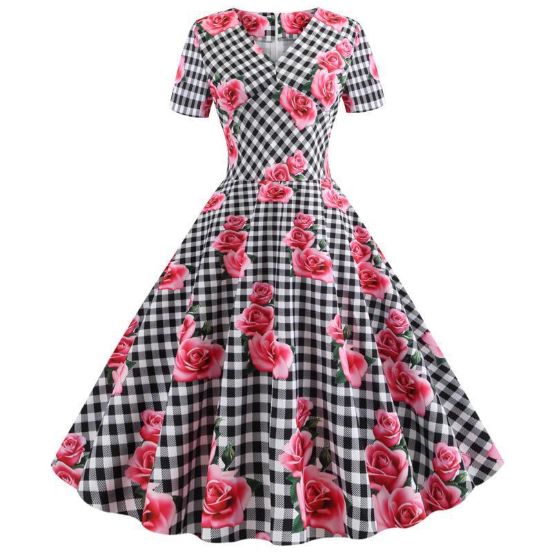 Damen Rockabilly Kleid mit floralem Karomuster Drune