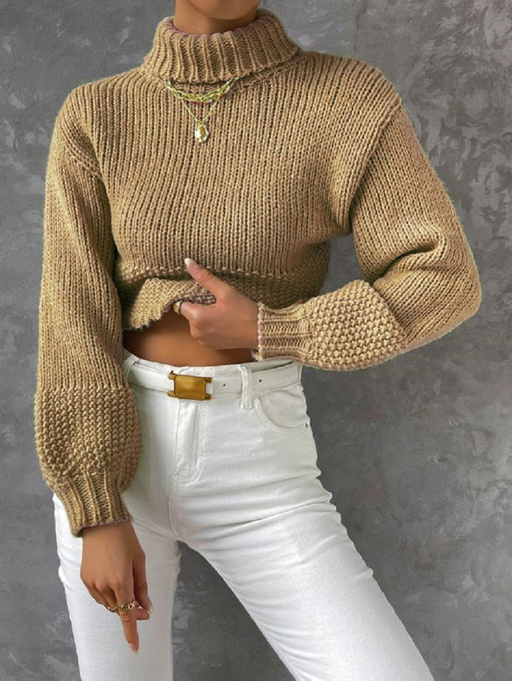Damen Grobstrick Pullover mit hohem Kragen Drune