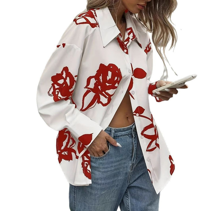 Damen Oversized Floral Print Button-Up Hemd Drune