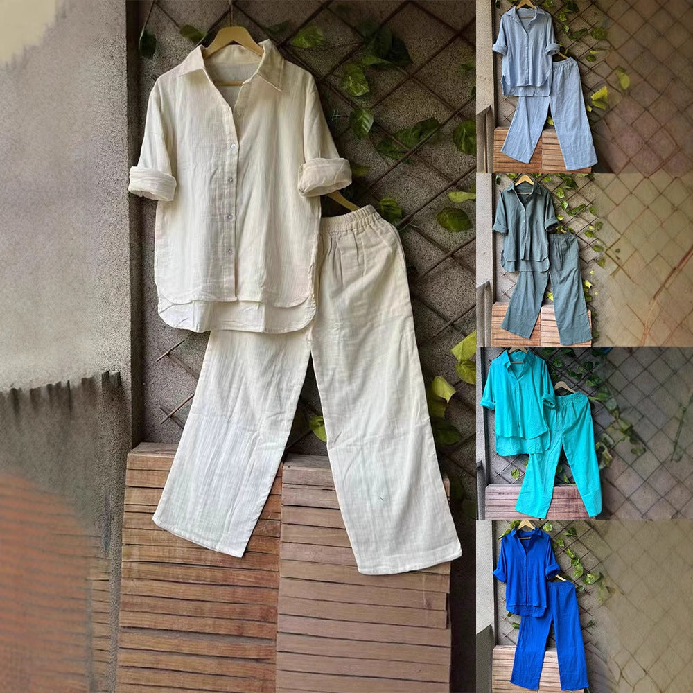 Damen lässiges Leinen-Hemd und Hose Set Drune