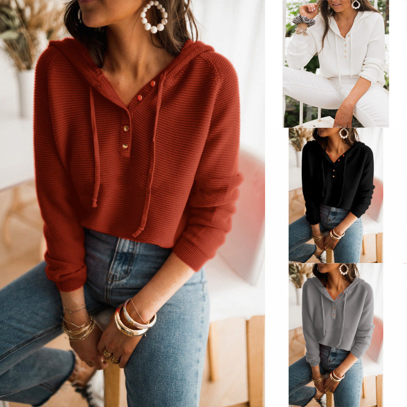 Damen lässiger Kapuzenpullover mit Knopfleiste und strukturiertem Stoff Drune