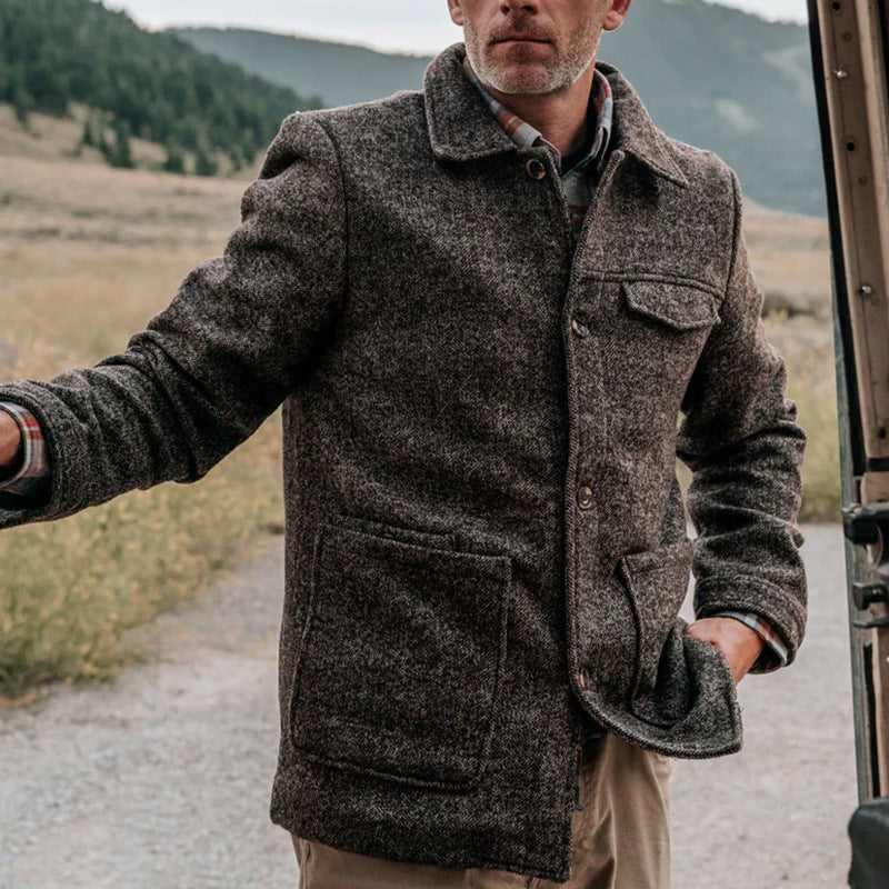 Herren eleganter und warmer Wollmantel mit praktischen Taschen Drune
