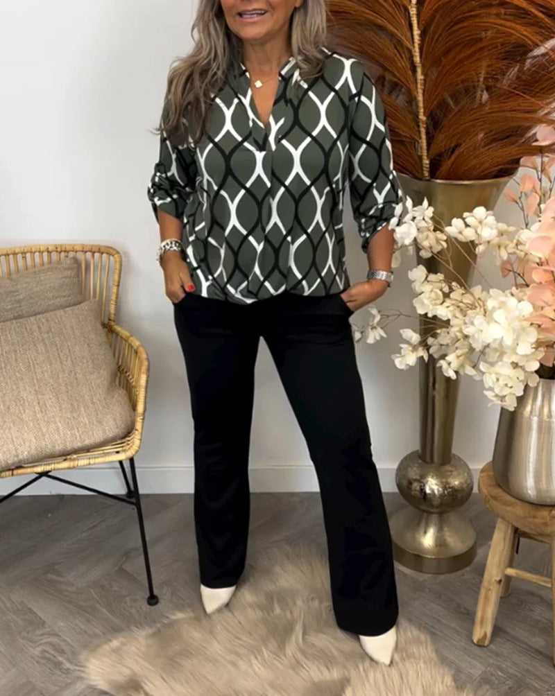 Damen Bluse mit graphischem Muster und seitlichen Taschen Drune