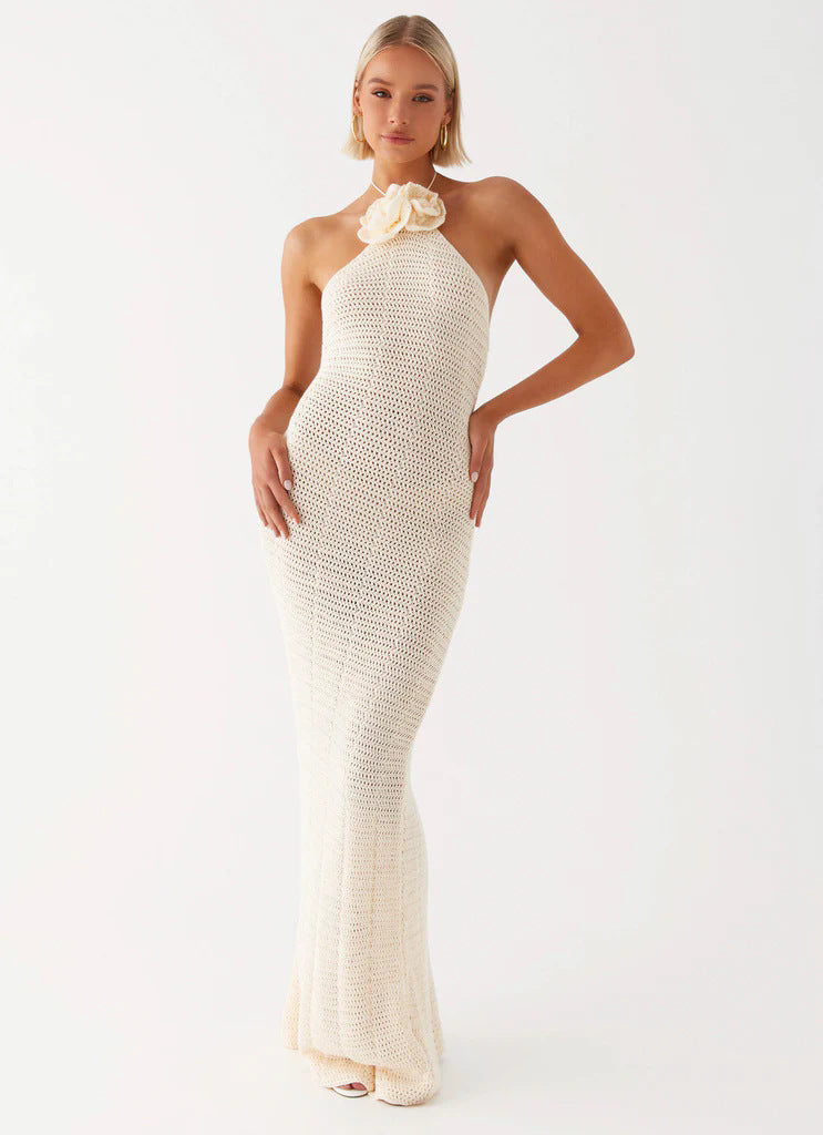 Damen Häkel-Maxikleid mit hohem Schlitzausschnitt Drune