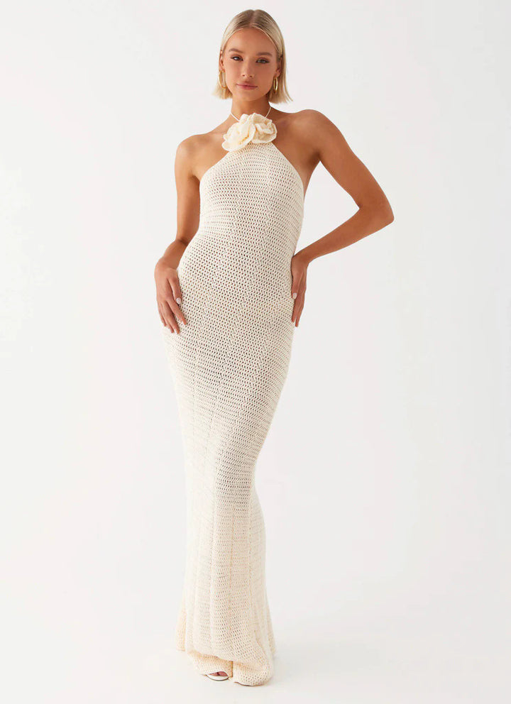 Damen Häkel-Maxikleid mit hohem Schlitzausschnitt Drune