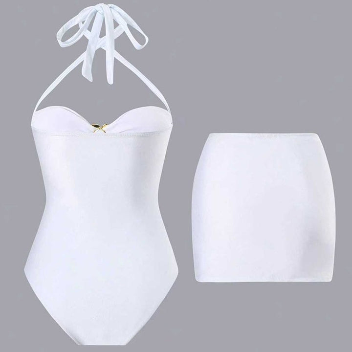 Damen Designer Badeanzug mit elegantem Wickeldesign und goldenen Akzenten Drune